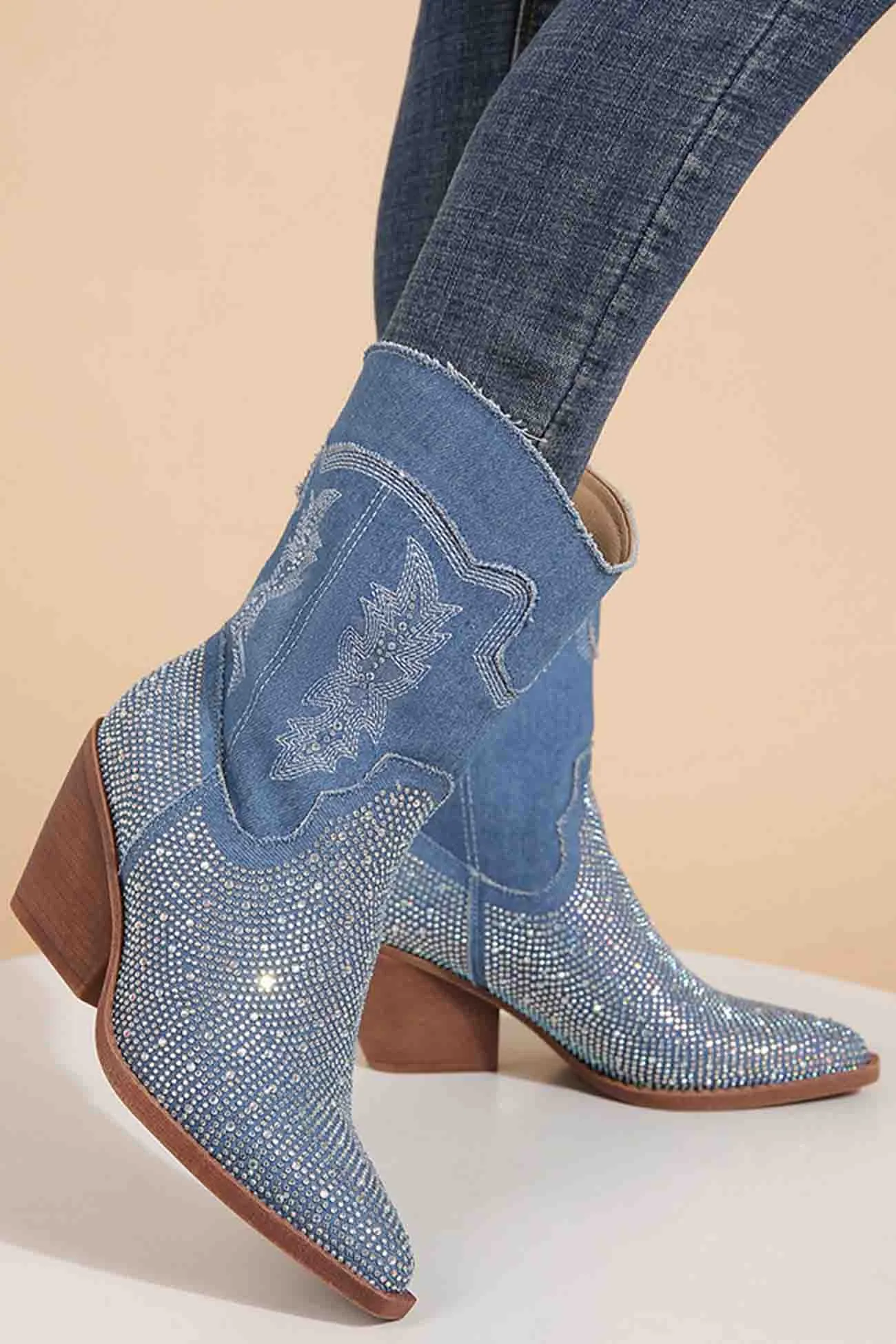 Amozae-Rhinestone Mid-Calf Pointed Toe Western Cowboy Boots