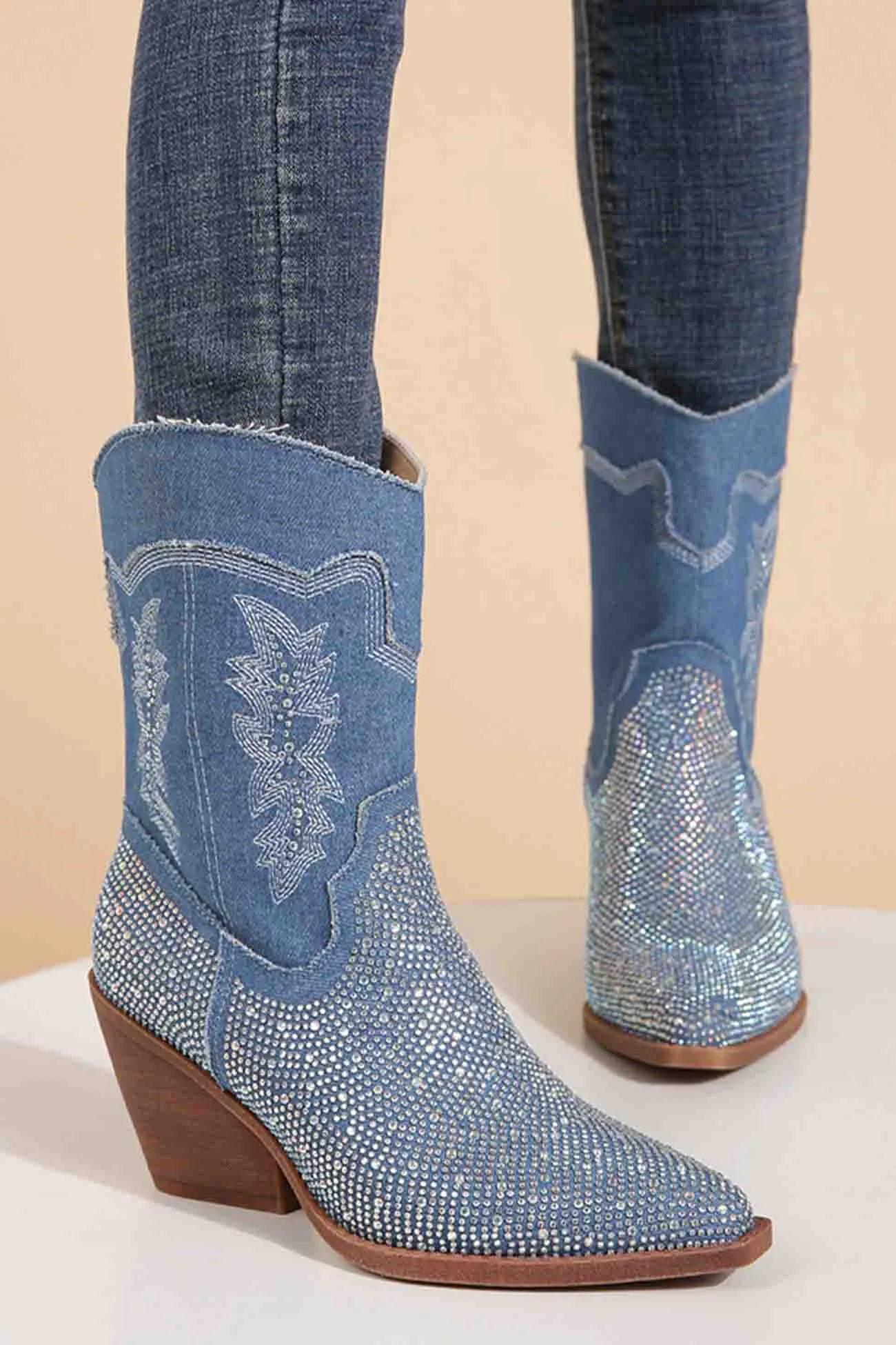 Amozae-Rhinestone Mid-Calf Pointed Toe Western Cowboy Boots