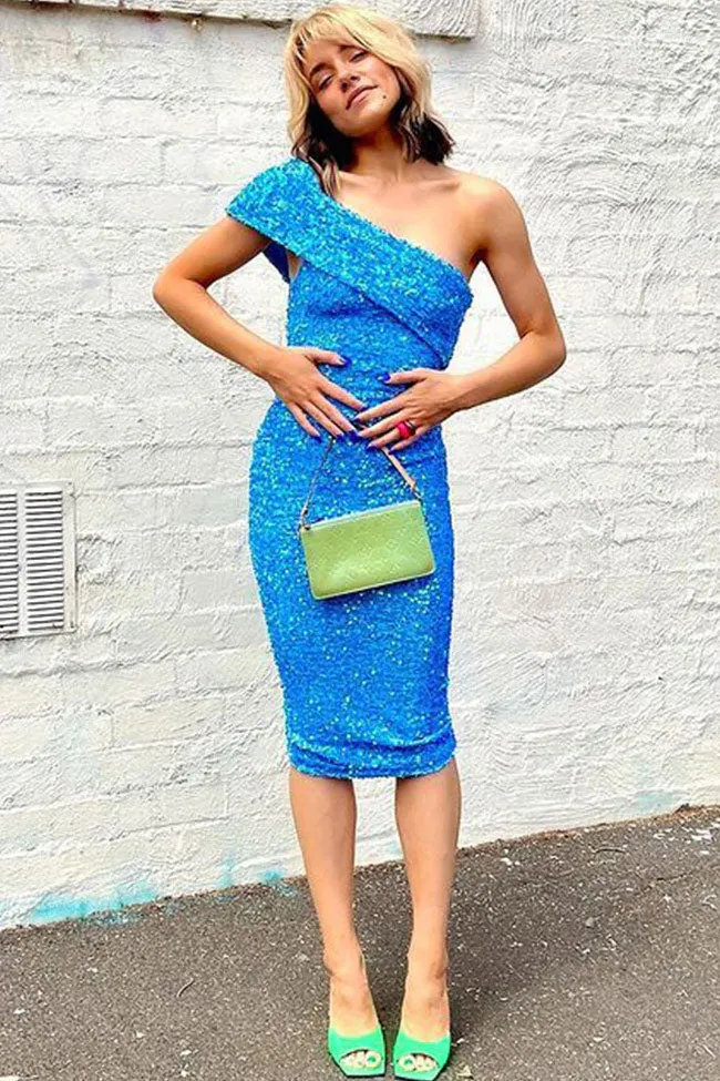 Amozae-Sparkly One Shoulder Bodycon Velvet Sequin Midi Dress - Blue