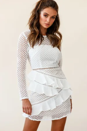 Aramis Long Sleeve Lace & Ruffle Detail Dress White