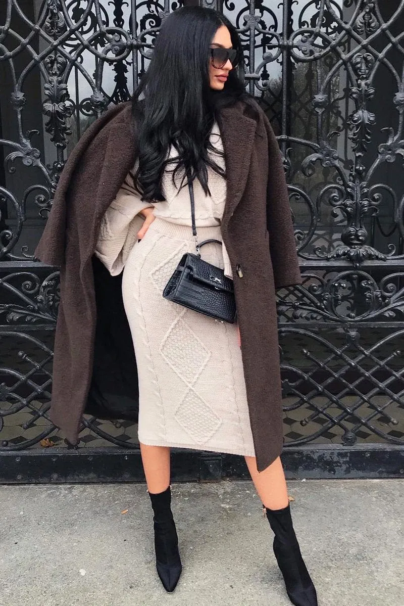 Beige Cable Knit Jumper Midi Skirt Co-Ord - Mahari