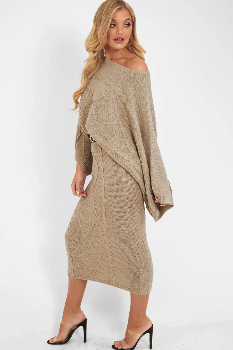 Beige Cable Knit Jumper Midi Skirt Co-Ord - Mahari