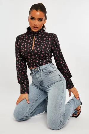 Black Floral Satin Cut Out Backless Crop Top - Cary