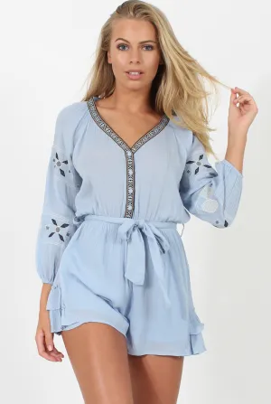 Blue V Neck Embroidered Playsuit- Jess