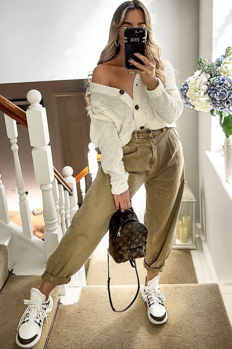 Cream Chunky Knit Button Up Crop Cardigan - Elly