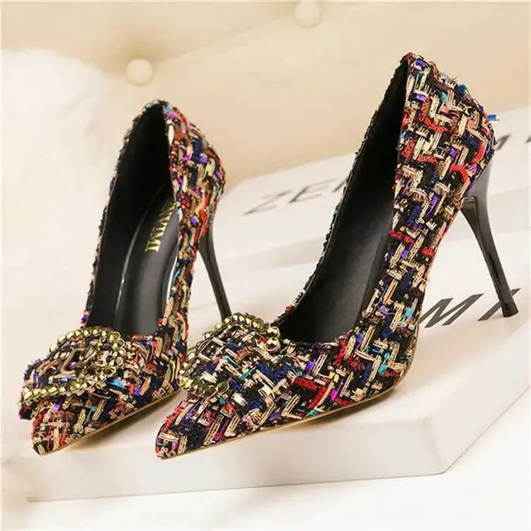 Dress Shoes Korean Mixed Colors Woolen Women Pumps New Elegant Crystal Metal Buckle Womens High Heel Shoes Autumn Shallow Dress Office ShoeL464