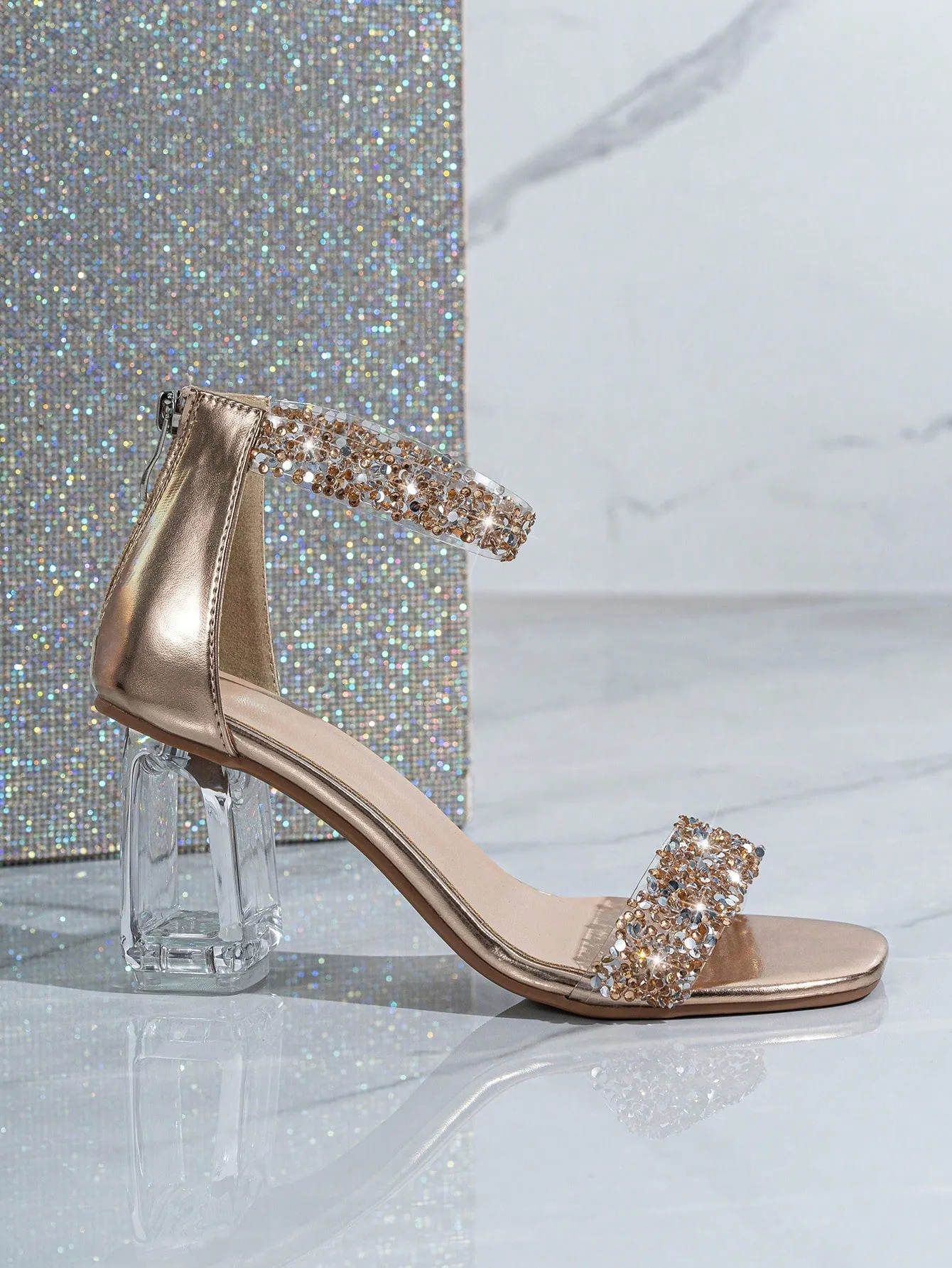 Elegant And Fashionable Champagne High Heel Sandals With Crystal And Glass Diamond Decoration For Women, Suitable For Banquets, Parties And Outdoor Activities