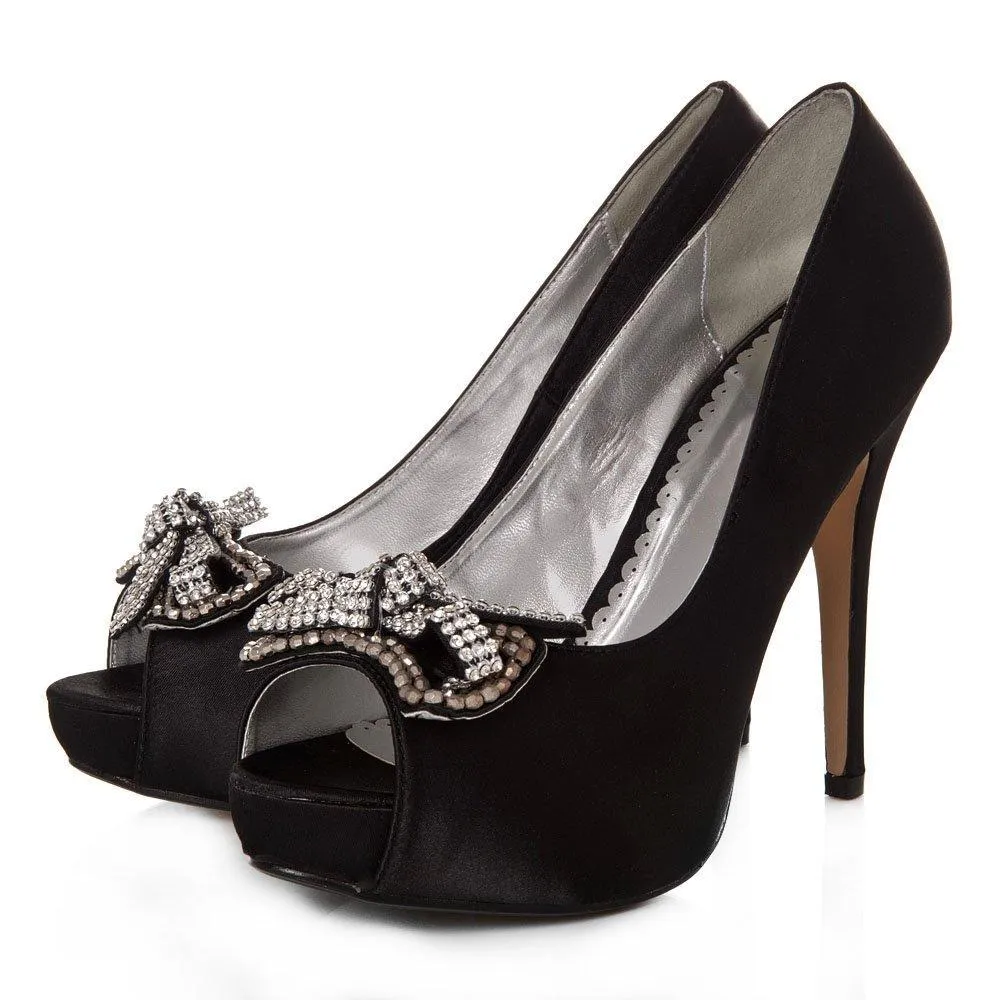 ELSA Peep Toe High Heel Satin Court Shoe With A Diamante Bow