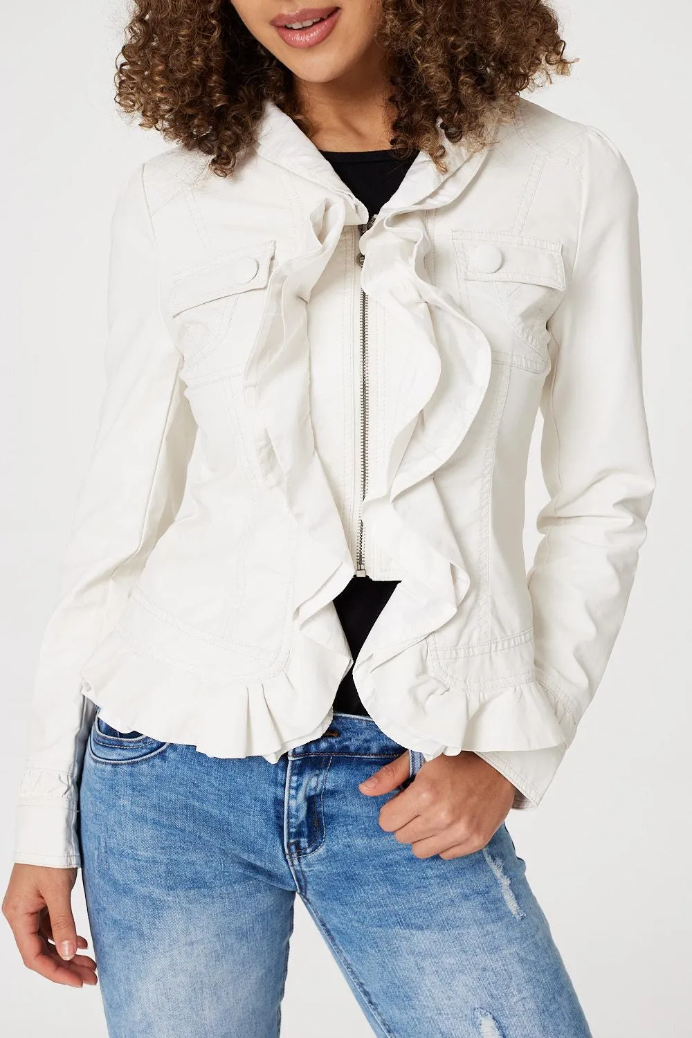 Frilled Front Faux Leather Jacket