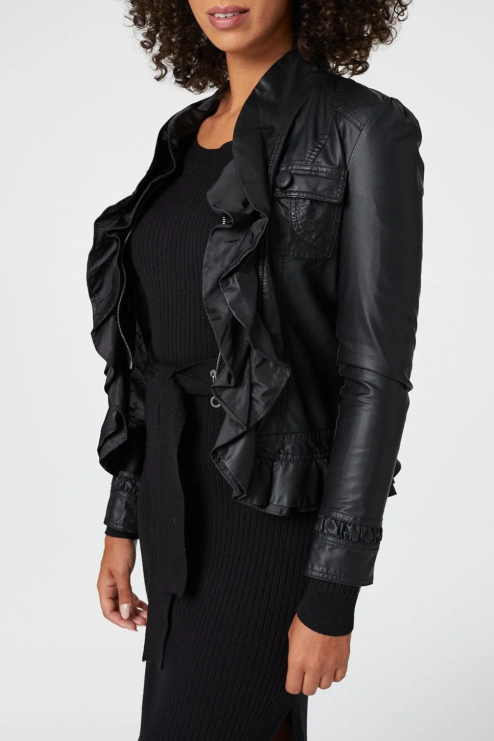 Frilled Front Faux Leather Jacket