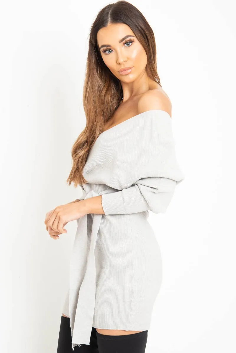 Grey Rib Belted Plunge Jumper Dress - Ember