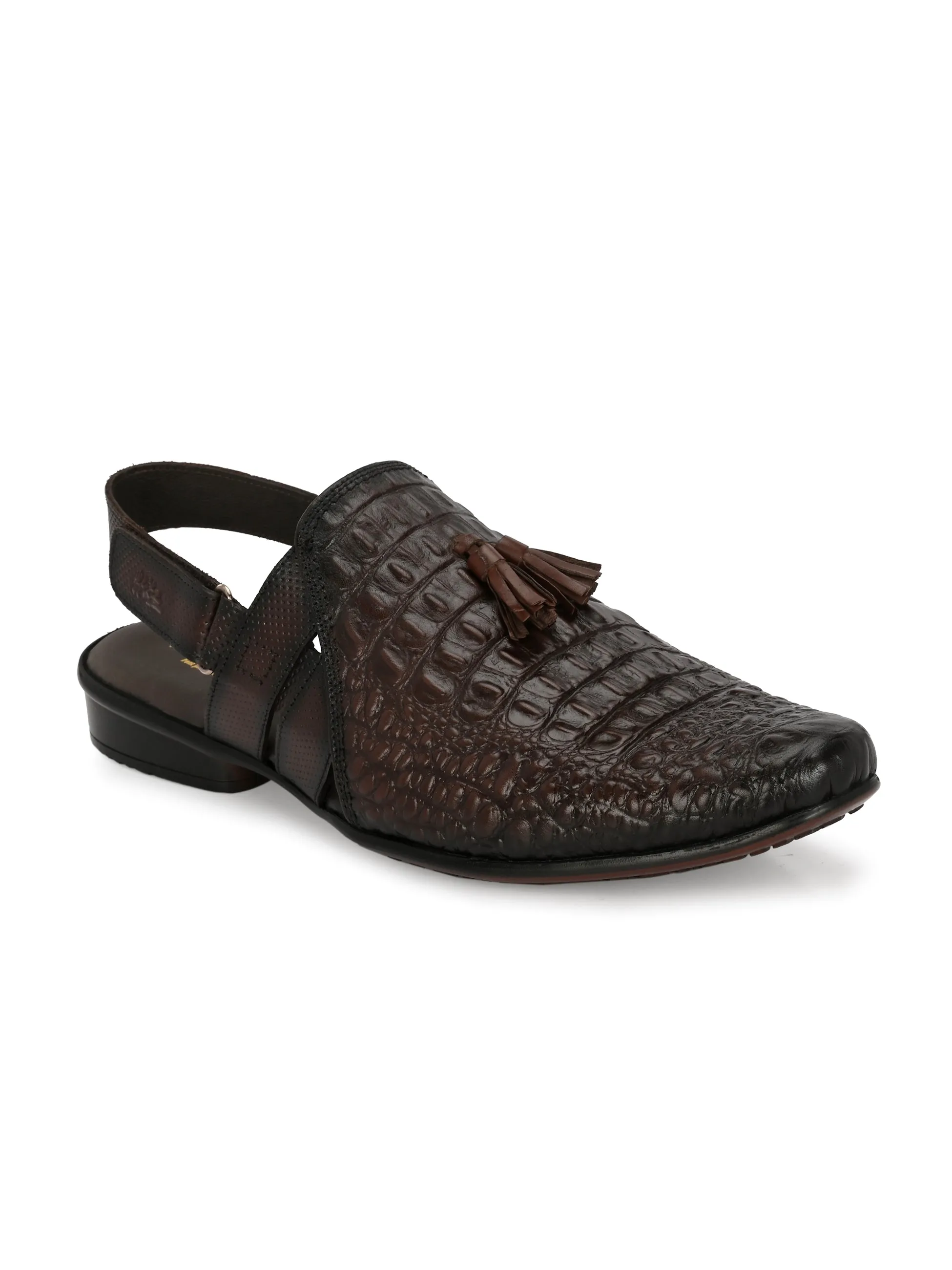 Hitz Men's Brown Leather Half Shoes Flat Mules with Velcro Closure