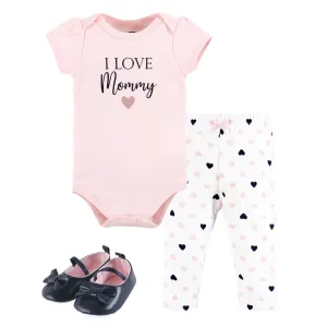 Hudson Baby Cotton Bodysuit, Pant and Shoe Set, Girl Mommy Pink Navy