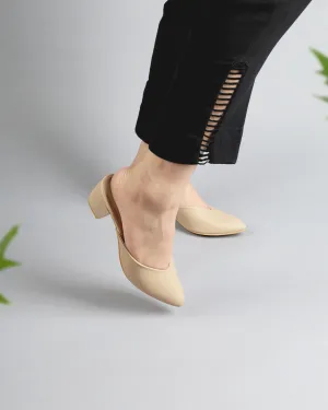 Pointy Toe Block Heels - Beige