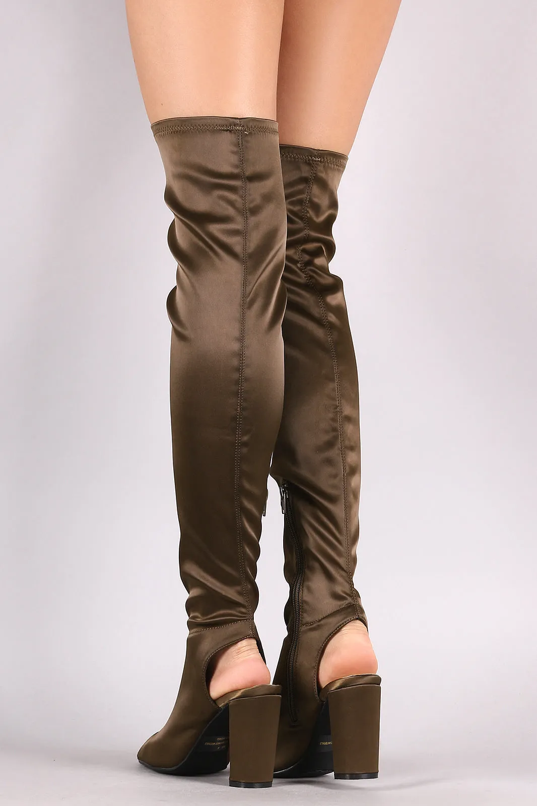 Qupid Satin Peep Toe Chunky Heeled Over-The-Knee Boots