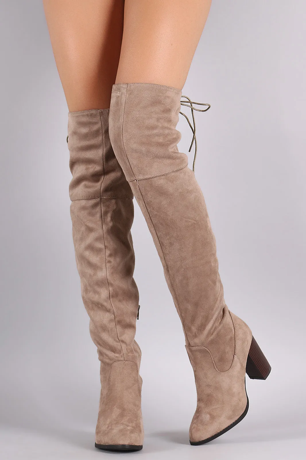 Qupid Suede Back Lace-Up Chunky Heeled Over-The-Knee Boots