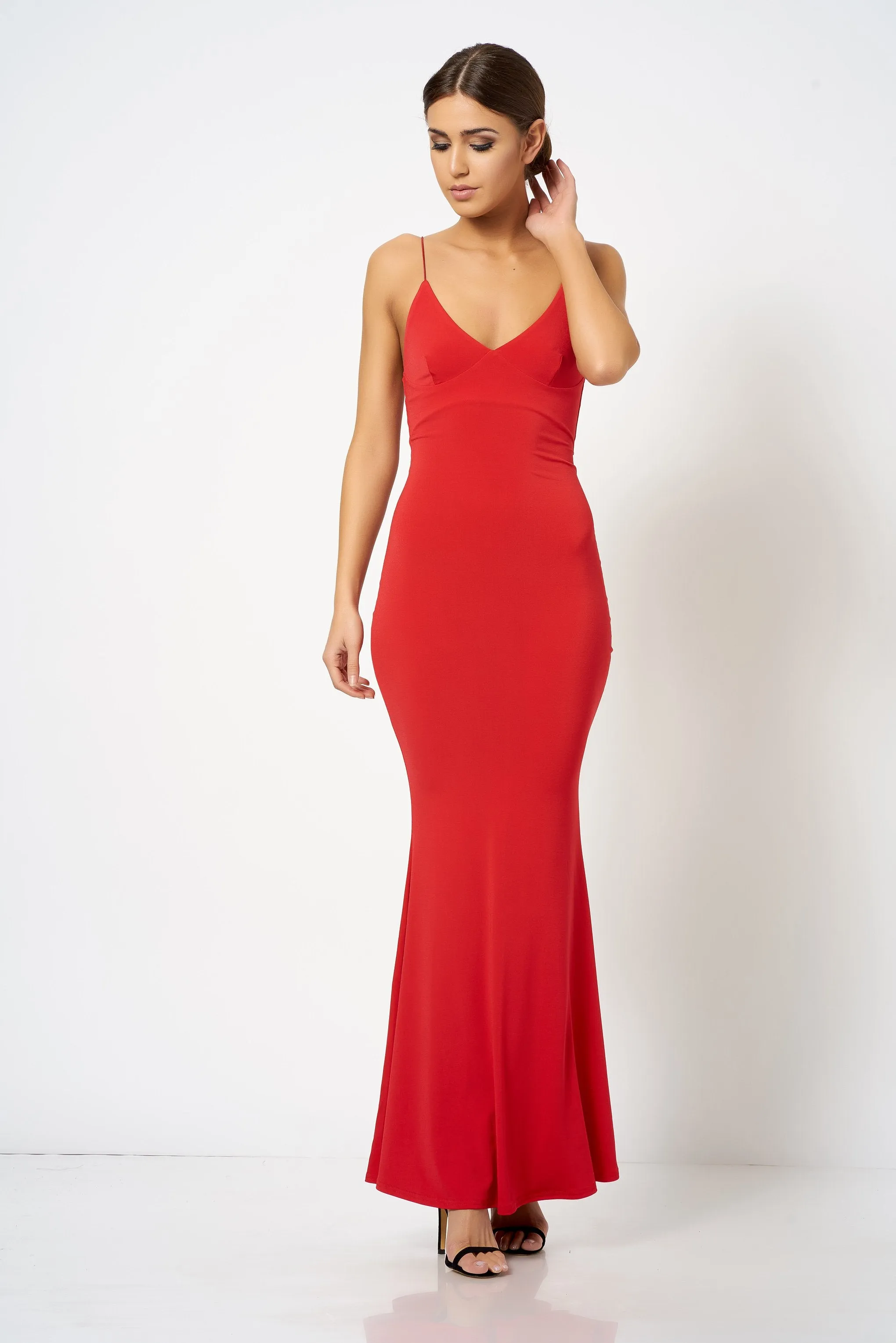 Red Strappy Plunge Maxi Dress