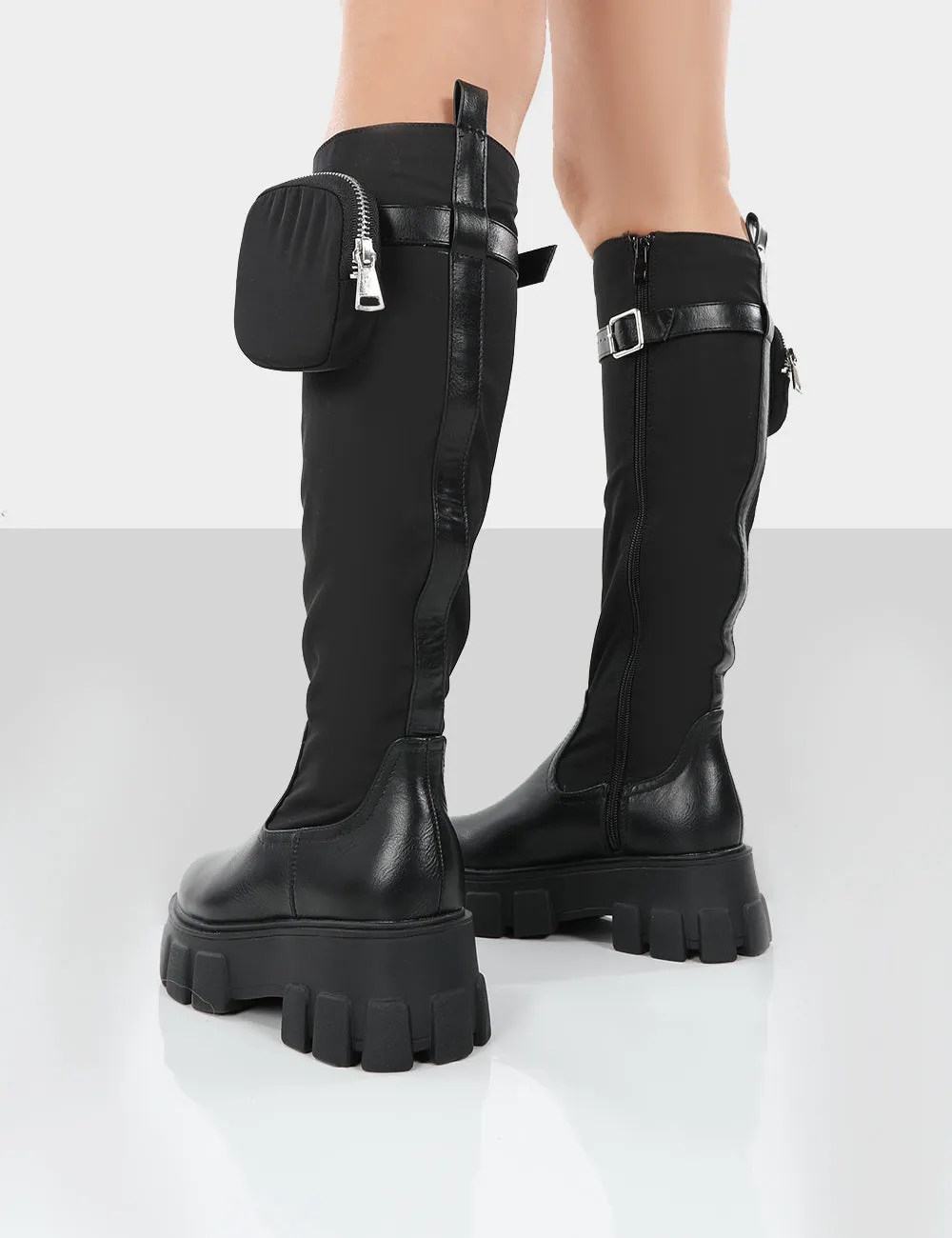 Showing Up Wide Fit Black Nylon Chunky Sole Pocket Detail Knee High Boots