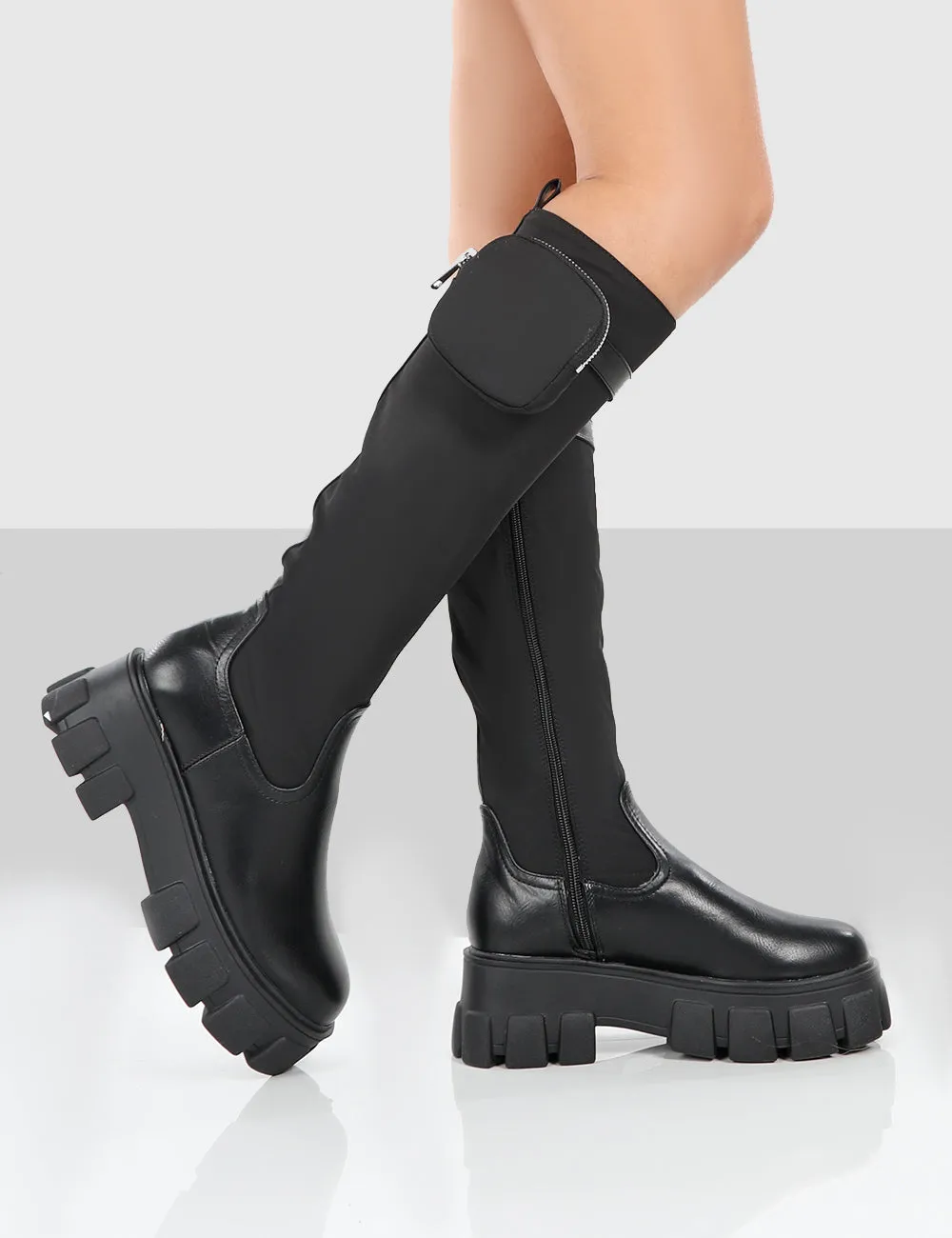 Showing Up Wide Fit Black Nylon Chunky Sole Pocket Detail Knee High Boots