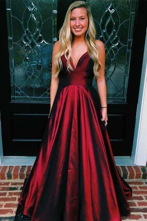 Timeless Deep V-neck Sleeveless Burgundy Sweep Train Prom Dress  PG748