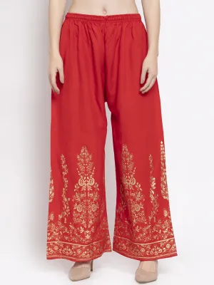 Women'S Red Straight Printed Rayon Palazzo